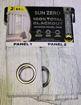 Sun Zero Textured BLACKOUT White Black Pin Stripe Curtains Panel 2 panels 37x63