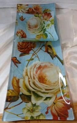Rectangular Glass Platter and Dip Bowl Floral Pattern by Lisa Audit-image