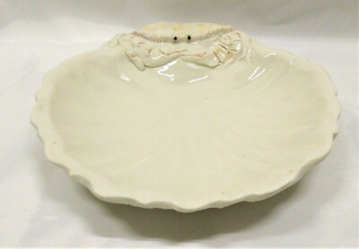 Cool Ceramic Studio Art Sea Signed Shell w/ Crab Dish All White Black Eyes-image
