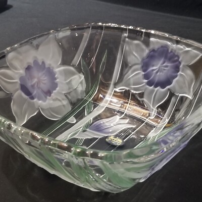 Crystal Studios Square Crystal Serving Bowl Raised Purple & Frosted Flowers 10