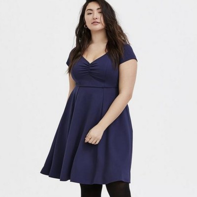 Torrid Studio Luxe Ponte Short Sleeve Ruched Sweetheart Neck Skater Dress Navy-image