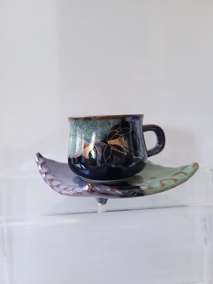 Artisan Studio Pottery Multicolored Luster Demitasse Tea Cup & Square Saucer-image