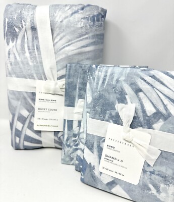 Pottery Barn~Layla Palm  Duvet Cover~King Blue & 3 Euro Shams NEW-image