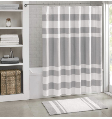 Madison Park Spa Waffle Shower Curtain Pieced Solid Microfiber Fabric ,Grey, New-image