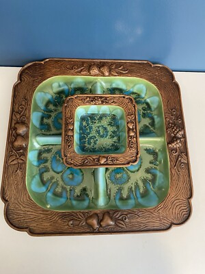 Vintage Treasure Craft MCM Appetizer Tray Platter Aqua Green Blue With Dip Bowl!-image