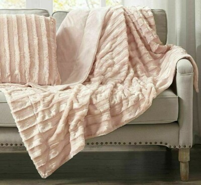 Madison Park Faux Fur Pink Mink Throw 50x60 Reversible Velvet Blanket LUXURY NWT-image
