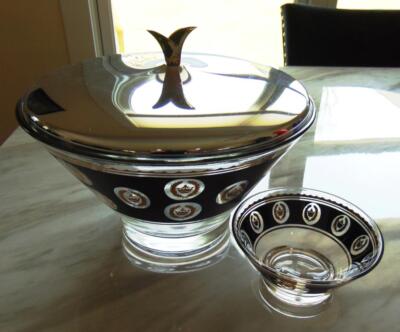 G Reeves Large Glass Chip and Dip Bowl with Kromex Lid Signed MCM-image