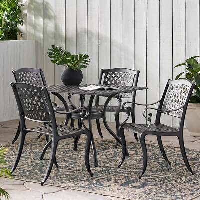 Marietta Traditional Outdoor 5-Piece Black Sand Cast Aluminum Dining Set-image