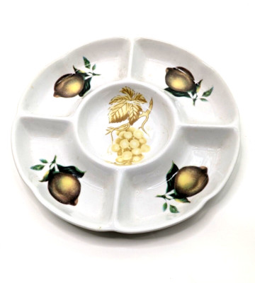 Ceramic Divided Crudité Chip Dip Appetizer Serving Dish - Lemons & Grapes Design-image