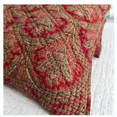 2 POTTERY BARN Marcelle STANDARD Quilted Shams Paisley Leaf Red Green Holiday-image