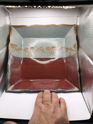 Studio Art Pottery Stoneware Bowl Burgundy And Grey Square Centerpiece 10x10x4-image