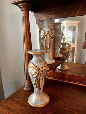 RARE Vtge Vanguard Studios, Pear Shaped Artisan Tapered Candlesticks Gold Accent-image