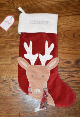 Pottery Barn Kids Classic Velvet Christmas Stocking Sebastian Reindeer NEW-image