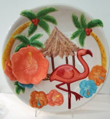 Large Kohl's Summer Living Ceramic Pink Flamingo Serving Plate Chip & Dip-image