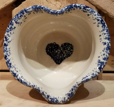 Studio Art Bowl Heart Shaped Blue Speckled Glazed Stoneware TX Vtg - Swanky Barn-image