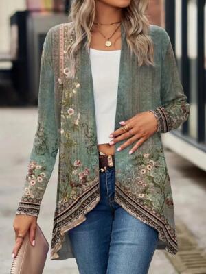 Women Floral Print Open Front Cardigan Casual Dipped Hem Long Sleeve Cardigan-image