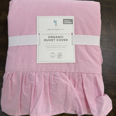POTTERY BARN KIDS CHAMBRAY RUFFLE DUVET COVER ORGANIC COTTON ~ PINK-image