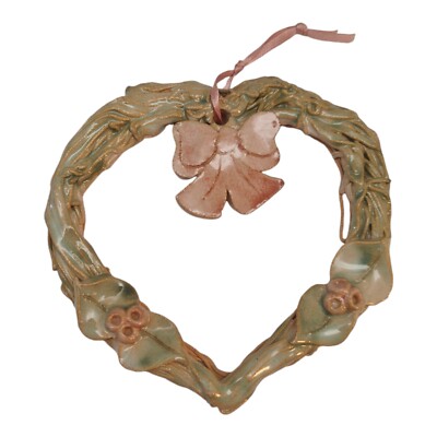 Studio Art Pottery Heart Shaped Wall Door Hanging Clay Pink Flowers Bow-image