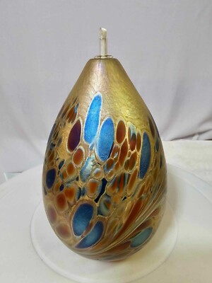 Vtg Brian Maytum Studios 1989 Irridescent Swirl Art Glass Pear Shaped Oil Lamp-image