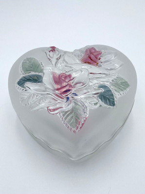 Vtg. Heart-Shaped Pink Rose, Frosted Glass Two-Piece Dish, Embossed, Studio Nova-image