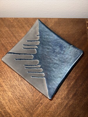 Signed Vintage Joyce Furney Raku Pottery Drip Iridescent Footed Dish 1998-image