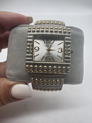 STUDIO TIME Watch Studded Clamp Cuff Two Tone Biker Brutalist Analog WORKS-image