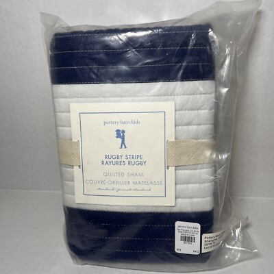 New Pottery Barn Kids Rugby Stripe Quilted Standard Sham Navy Blue White Cotton-image