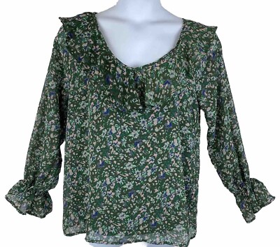 dip Chiffon Peasant Blouse with Camisole Green Floral Ruffle Neckline Size L-image