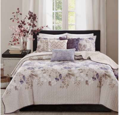 Madison Park Luna 6 Piece Printed Quilt Set with Throw Pillow Floral Bedding Set-image