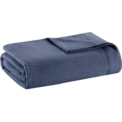 Waffle Knit Egyptian Cotton Blanket in Blue - Machine Washable 90x90-image