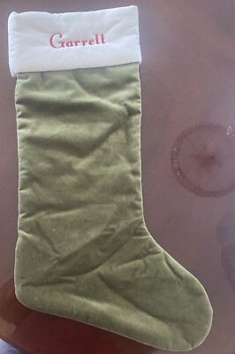 POTTERY BARN CLASSIC VELVET CHRISTMAS STOCKING GREEN IVORY LARGE Garrett Mono-image