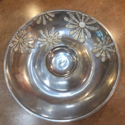 TOWLE Silversmiths Aluminum Chip & Dip Bowl-Tray-Platter Mother of Pearl Floral-image