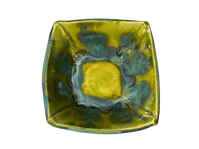 Studio Art Pottery Square Bowl GORGEOUS Blues Greens Purple Sushi Server 6”-image