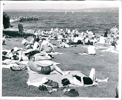 1958 Photo Madison Park Beach Sandy Bathers Swimmers Sailing Boats Seascape 8X10-image