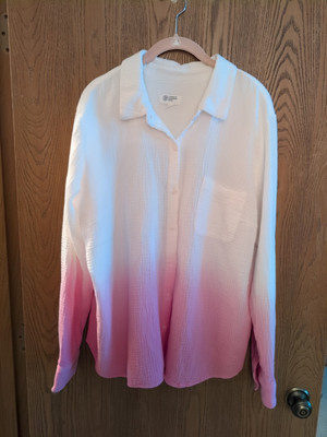 Candace Cameron Bure  Dip-Dye Button Front Shirt White & Pink Size L Free Ship-image