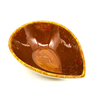 Studio Art Pottery Bowl Tear Drop Shaped with Flower Design Initialed 8x6x3”-image