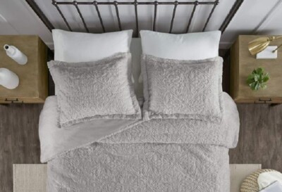 Madison Park Embroidered Grey Quilted Faux Fur Plush STANDARD Pillow Sham One-image