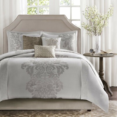 New 7pc Madison Park Conrad Jacquard Pintucked Gray King Comforter Set Plus-image