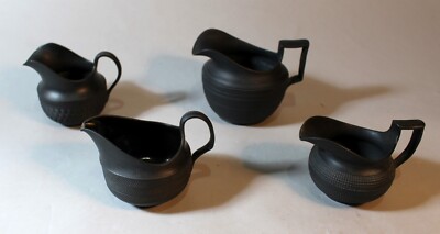 4 George IV  Black Basalt Engine Turned Helmet Shaped Stoneware Creamers c. 1830-image