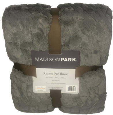 Madison Park GRAY Ultra Soft Ruched Faux Fur Throw Blanket 50 X 60 in-image