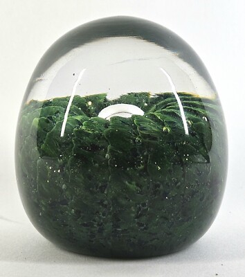 Vintage Art Glass Oval Egg Shaped Paperweight Sparkling Green Swirl Air Bubble-image