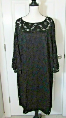 Studio 1 New York Women's 20W Lined Black Lace Dress Long Bell Sleeves NWT-image