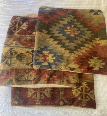 POTTERY BARN Kilim Set 3 AFGHAN 100% wool Geometric Throw Pillow Covers 17 x 17-image