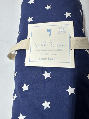 Pottery Barn Kids PBK Organic Cotton Duvet Cover Twin Bed Dorm Stars Navy Blue-image