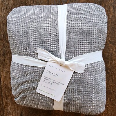 Pottery Barn Belgian Flax Linen Waffle Weave FULL QUEEN Duvet Cover Light Gray-image