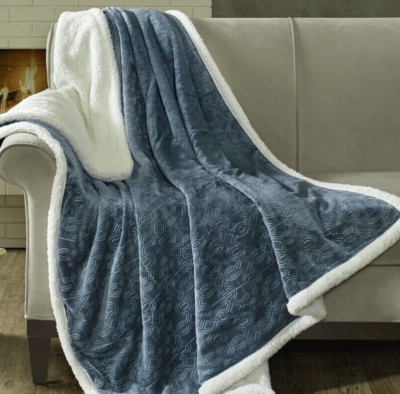 Madison Park Celia Throw Blanket Embossed Velvet Plush Blue Reversible Shearling-image