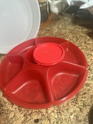 Tupperware Large Divided Serving Tray Vegetable/Snack Center Red Chip And Dip-image