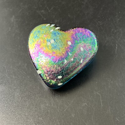 Iridescent Heart Shaped Art Glass Paperweight 3” Rainbow Blue Purple Roger Vines-image