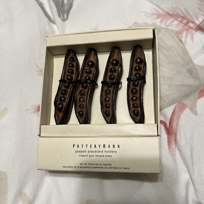 Pottery Barn Peapod Placecard Holders Lot of 4 Heavy Metal Rustic Brown EUC-image