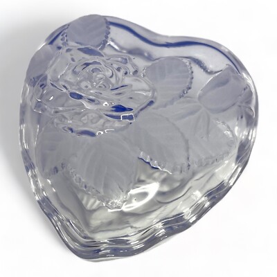 Studio Nova Crystal Heart Shaped Candy Dish Etched Glass Frosted Roses & Leaves-image